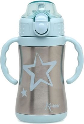 Kiokids Stars Kids Water Bottle Thermos Plastic with Straw Light Blue 280ml