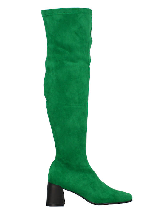 Suede Over the Knee Medium Heel Women's Boots with Zipper Green