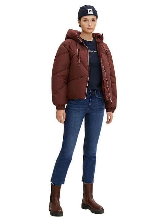 Tom Tailor Women's Short Puffer Jacket for Winter with Hood Burgundy