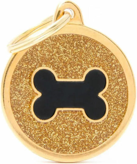 My Family Shine Big Circle Gold Glitter Black Bone Dog ID Bone Gold Metal Large 3.93x3.17cm