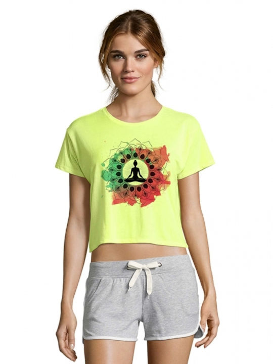 Crop Top with Yoga - Pilates 14 print in neon yellow color