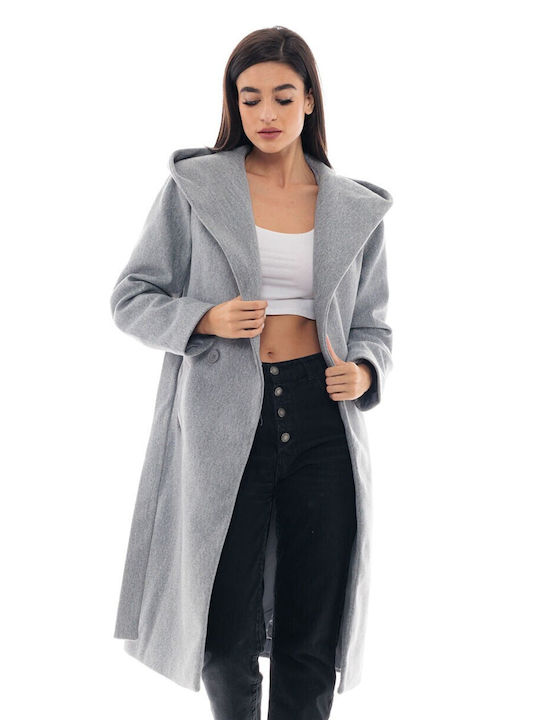 Biston Γυναικείο Dark Grey Παλτό με Ζώνη