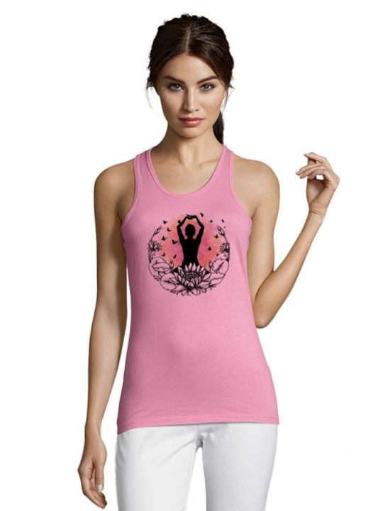 Ärmelloses Damen T-Shirt mit Yoga - Pilates 11 Druck in rosa Farbe