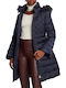 Women's Long Puffer Jacket for Winter with Hood Navy Blue