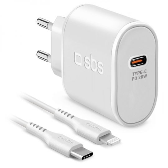 SBS Handyladegerät mit USB-C Ausgangsanschluss und Kabel USB-C - Lightning 20W Stromlieferung Weiß