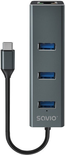 Savio AK-57 Hub 3 Anschlüsse USB 3.1 mit USB-C Anschluss Ethernet Grau