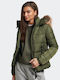 Superdry Women's Short Puffer Jacket for Winter with Detachable Hood Khaki