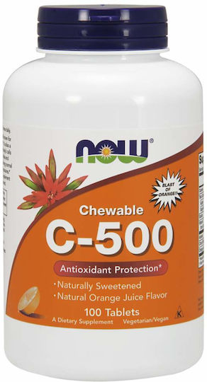 Now Foods C-500 Βιταμίνη για Ενίσχυση του Ανοσοποιητικού, τo Δέρμα & Αντιοξειδωτική δράση Orange Juice 100 μασώμενες ταμπλέτες