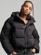 Superdry Cropped Cocoon Women's Short Puffer Jacket for Winter with Hood Black