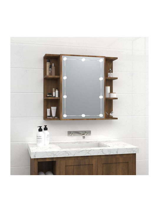 vidaXL Rectangular Bathroom Mirror Led made of Particle Board with Shelf & Cabinet 70x60cm Brown