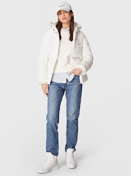 Tommy Hilfiger Women's Short Puffer Jacket for Winter with Hood White