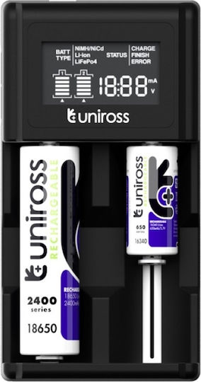 Uniross Φορτιστής 2 Μπαταριών Li-ion/Ni-Cd/Ni-MH Μεγέθους 18650/21700/16340