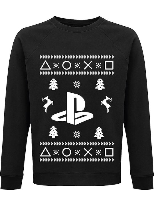 Bluză cu glugă unisex organică "Ugly Christmas Sweater Playstation" neagră