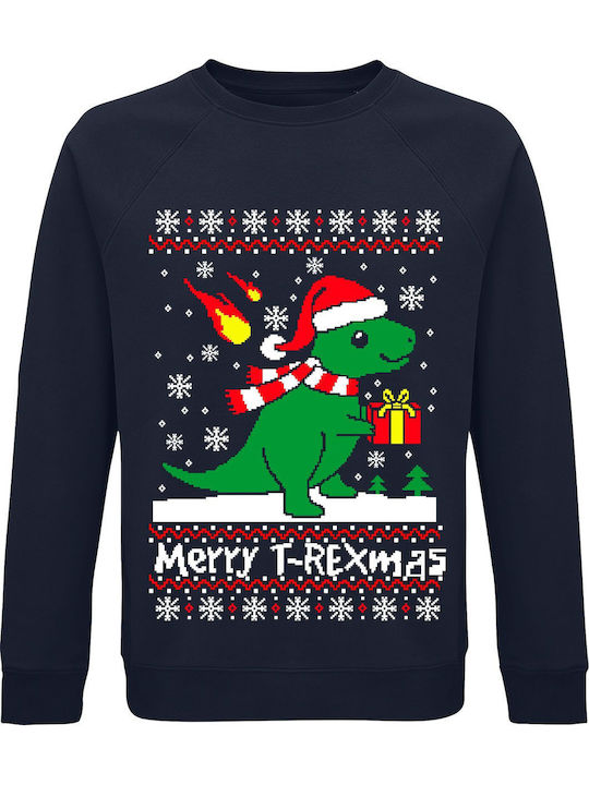 Sweatshirt Unisex Organic " Ugly Christmas Sweater T-Rex Dinosaur " French Navy