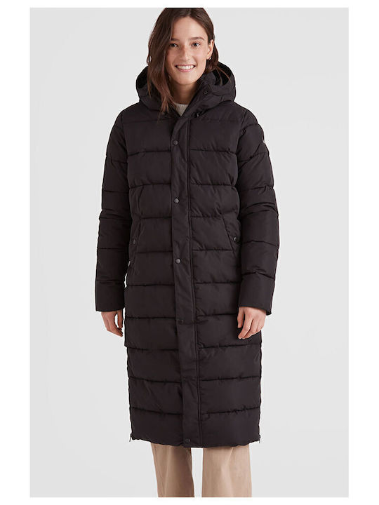 Women's Long Puffer Jacket for Winter with Hood Black
