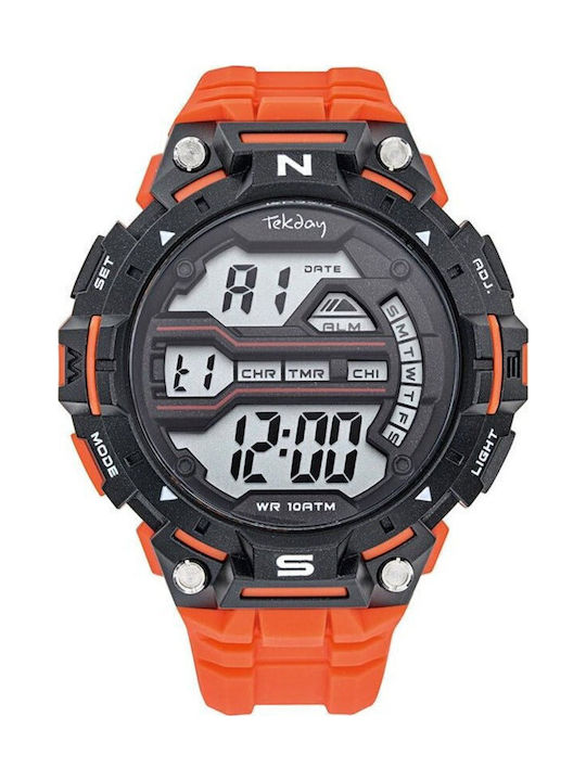 Tekday Ψηφιακό Ανδρικό Ρολόι 52mm Χρονογράφος Μπαταρίας με Πορτοκαλί Καουτσούκ Λουράκι
