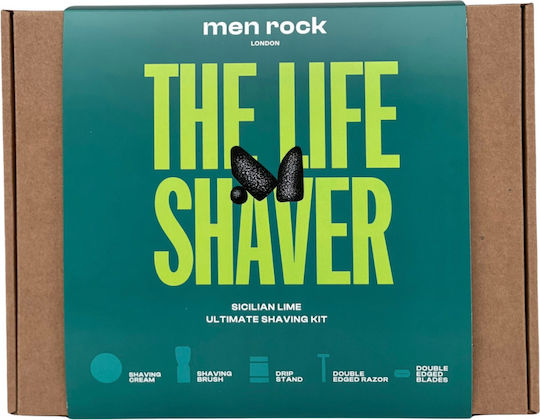 Men Rock The Life Shaver cu Cremă de ras 100ml, perie de ras 1 buc, bază de suport pentru perie 1 buc, ață dentară 1 buc și lame de ras de rezervă 5 buc Lime sicilian