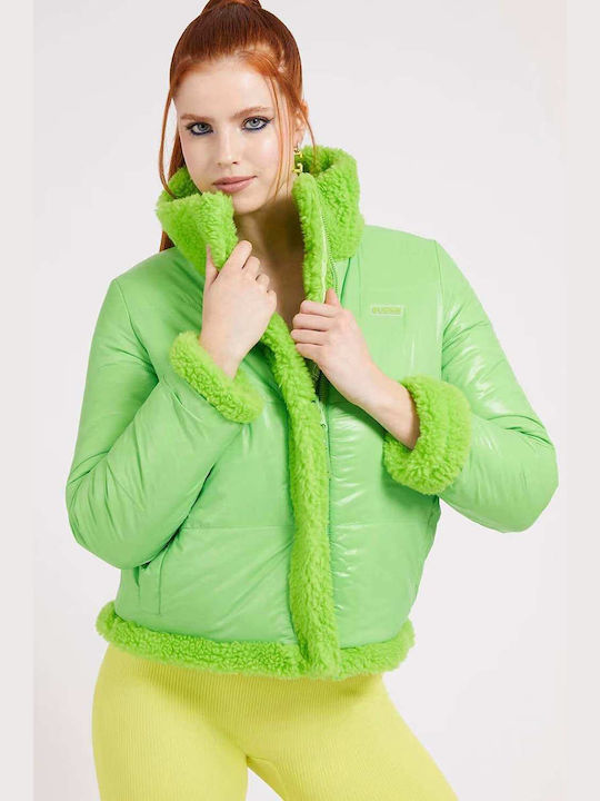 Guess Women's Short Puffer Jacket Double Sided for Winter Green