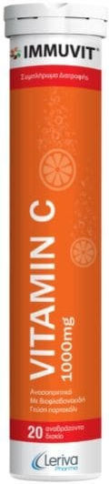 Leriva Pharma Immuvit Vitamin C Βιταμίνη για Ενίσχυση του Ανοσοποιητικού, τo Δέρμα & Αντιοξειδωτική δράση 1000mg Πορτοκάλι 20 αναβράζοντα δισκία
