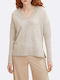 Tom Tailor Women's Long Sleeve Sweater with V Neckline Beige