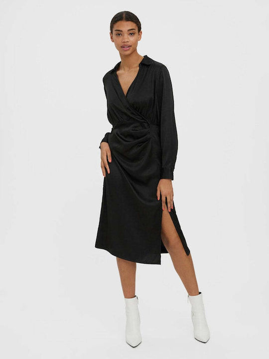 Midi Evening Shirt Dress Wrap with Tearing Black