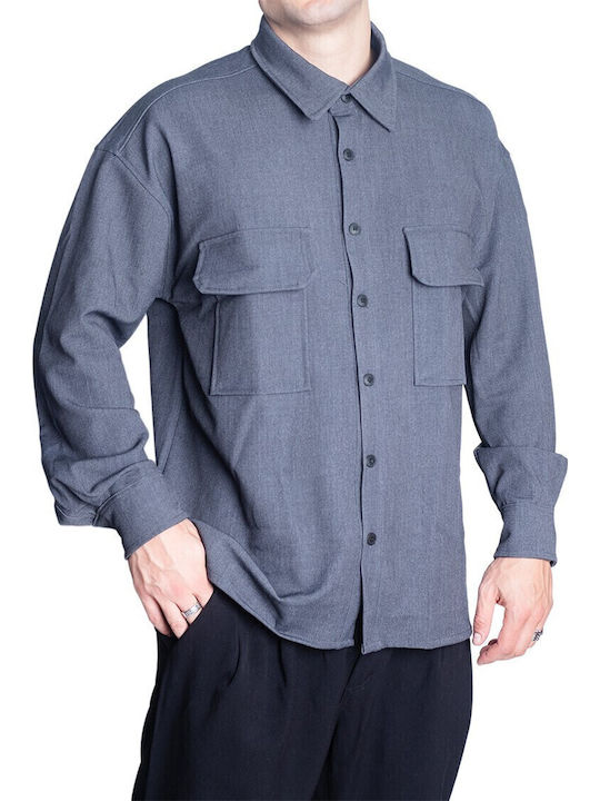 Long Sleeve Cotton Overshirt in Wide Line Gray
