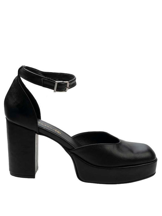 Stefania Leather Black High Heels with Strap S