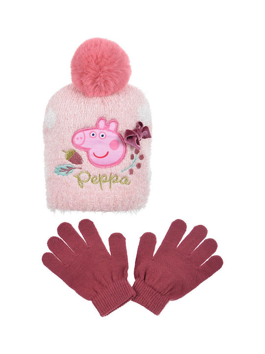 Peppa Pig Σετ Παιδικό Σκουφάκι με Γάντια Πλεκτό Ροζ για Νεογέννητο