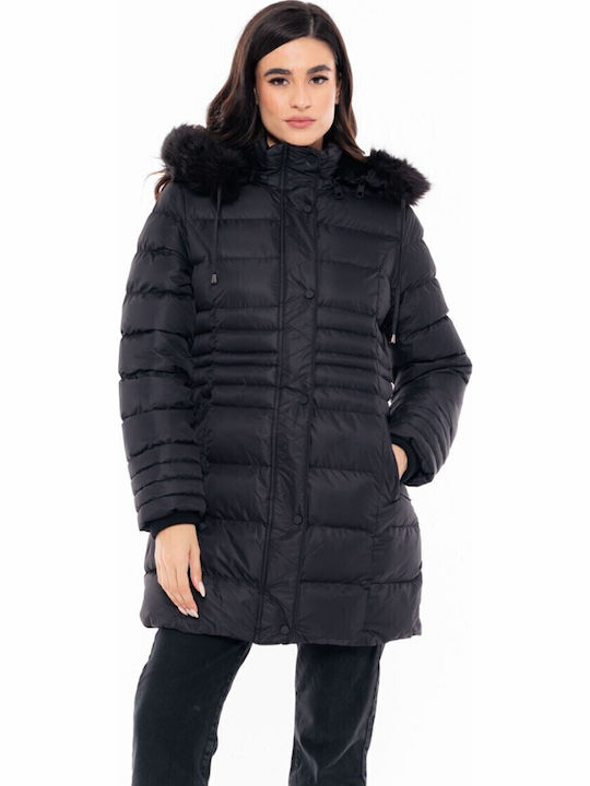 Women's Long Puffer Jacket for Winter with Detachable Hood Black