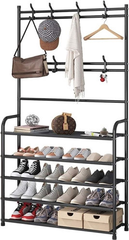 HP-25671 Entry Furniture with Hanger & Shoe Rack Black 80x26x168cm