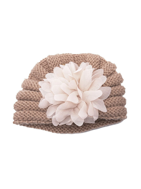 Knitted Kids Turban with Flower in the Center Tan