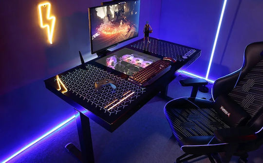 Gaming Office ERK-GD-I55-B Glass Black with Metal Legs, Adjustable Height & LED 140x70x73cm