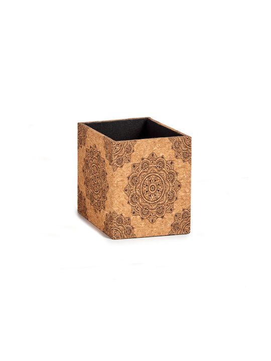 Decorative basket/box in brown cork with designs 13x13x13cm