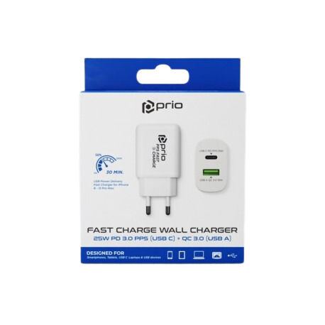 Prio Φορτιστής Χωρίς Καλώδιο με Θύρα USB-A και Θύρα USB-C 25W Quick Charge 3.0 Λευκός (001.30.004)