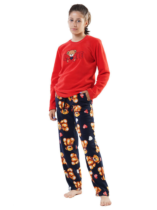 Vienetta Secret Set Top & Bottom Kids Winter Fleece Pyjamas Red