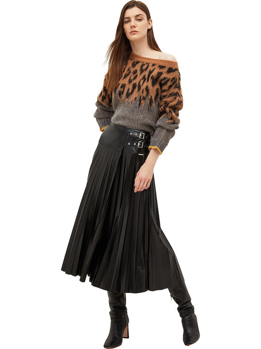 Pleated High-waisted Midi Skirt Black