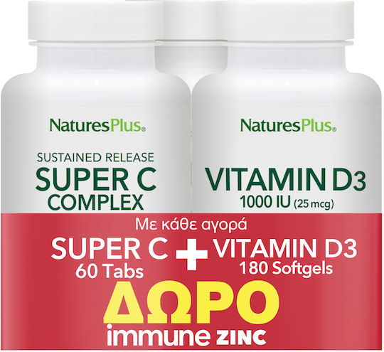 Nature's Plus Super C Complex And Vitamin D3 And Immune Zinc Multivitamin For Immune Support 1000mg 60 Tablets 60 Lozenges 180 Softgels