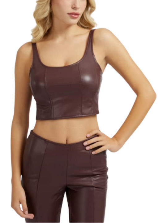 Women's Crop Top Leather Sleeveless Brown