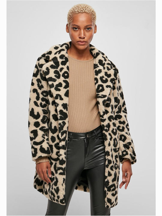 Sherpa Women's Leopard Sand Leo Coat Oversized with Buttons