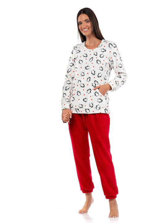 SECRET-POINT Γυναικεία πιτζάμα  fleece λευκό-κόκκινο 222-150