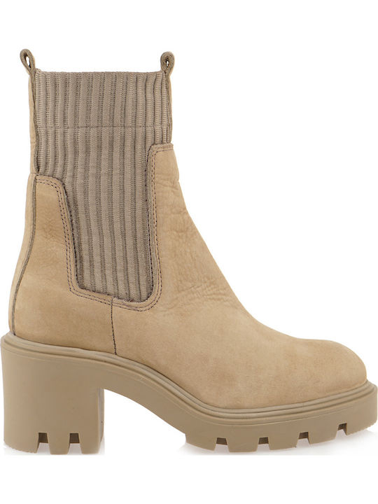 Leder Damen Chelsea-Stiefel mit Mittelhohem Absatz Beige