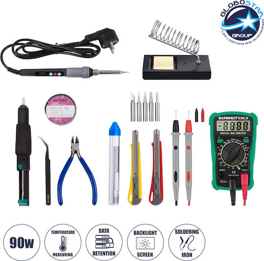 GloboStar 79978 Lötkolben Elektrisch mit Sockel, Leimtrommel, Seitenschneider, Pinzette, Stifte, Kali, Schnitte, Besteck, Servietten, tragbares Digitalmultimeter