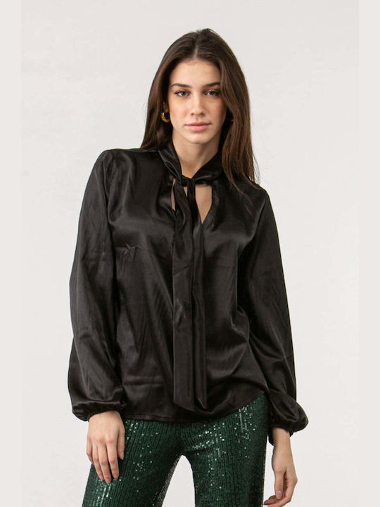 Satin blouse with tie front BLACK 19-103-022