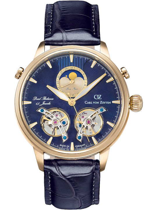 Carl Von Zeyten Durbach Moonphase Men's Watch 45mm Automatic with Blue Leather Strap