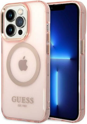 Guess Gold Outline Translucent Magsafe Umschlag Rückseite Silikon Rosa (iPhone 14 Pro) GUHMP14LHTCMP