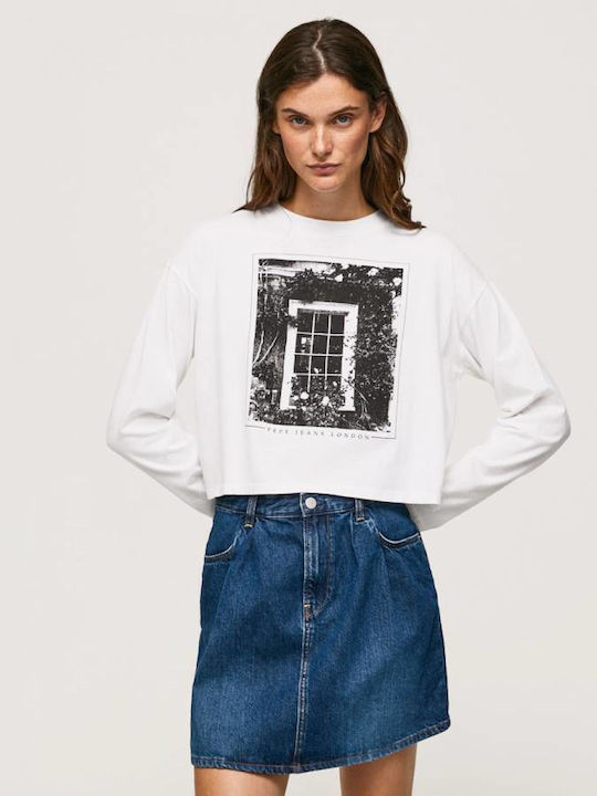 Pepe Jeans Lizzy pentru Femei Crop Top din Bumbac cu Mâneci Lungi Alb