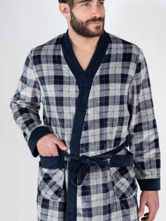 Men's plaid robe grey with blue