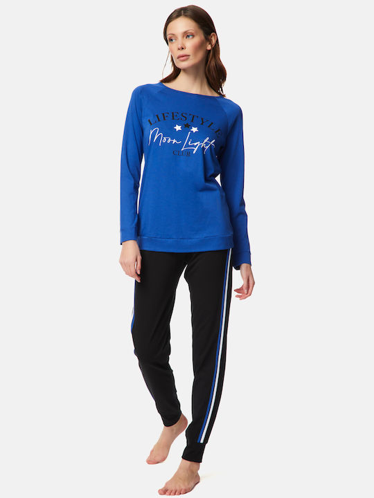 Minerva Winter Damen Pyjama-Set Baumwolle Blau