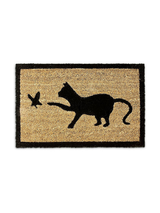 Relaxdays Door mat made of coconut fibre Design Cat Catching Bird - 60 x 40 cm - Natural - 4052025032272