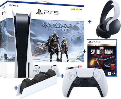 Sony PlayStation 5 με 2nd Dualsense Controller White & Ασύρματα Headset Pulse 3D & Βάση Φόρτισης & God of War: Ragnarok (Voucher) & Marvel's Spider-Man Miles Morales
